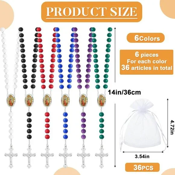 36 Pcs Wooden Bead Rosary Necklaces with Crucifix & Our Lady of Guadalupe in 6 C